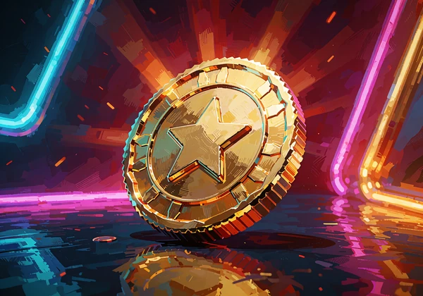 Złota moneta z gwiazdą na tle pomarańczowych promieni - miniatura slotu od Play'n GO w lobby kasyna V.Vegas