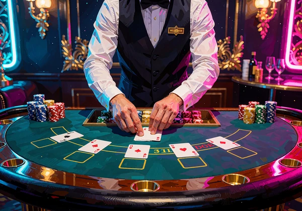 Krupier w białej koszuli i czarnej kamizelce rozdaje karty przy zielonym stole - miniatura blackjacka live w kasynie V.Vegas