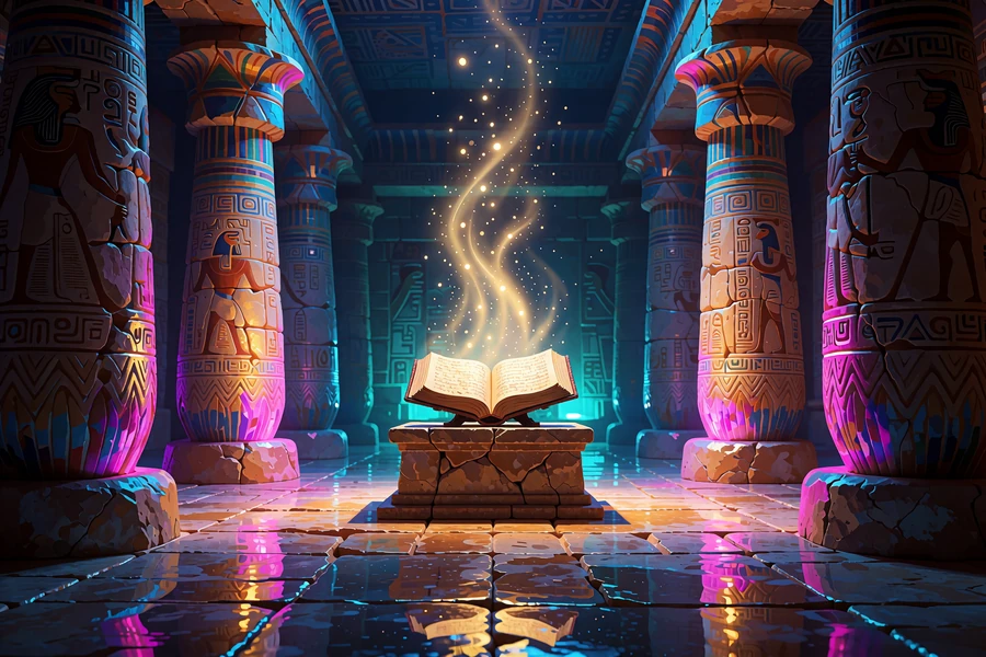 Otwarta starożytna księga na kamiennym cokole w grobowcu, z kt&oacute;rej bije złote światło - slot Book of the Fallen