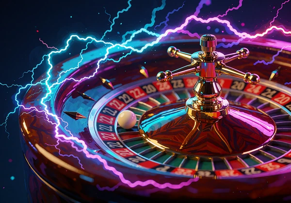 Obracające się koło ruletki ze złotymi okuciami i błyskawicami w kolorze cyjan - podgląd Lightning Roulette od Evolution