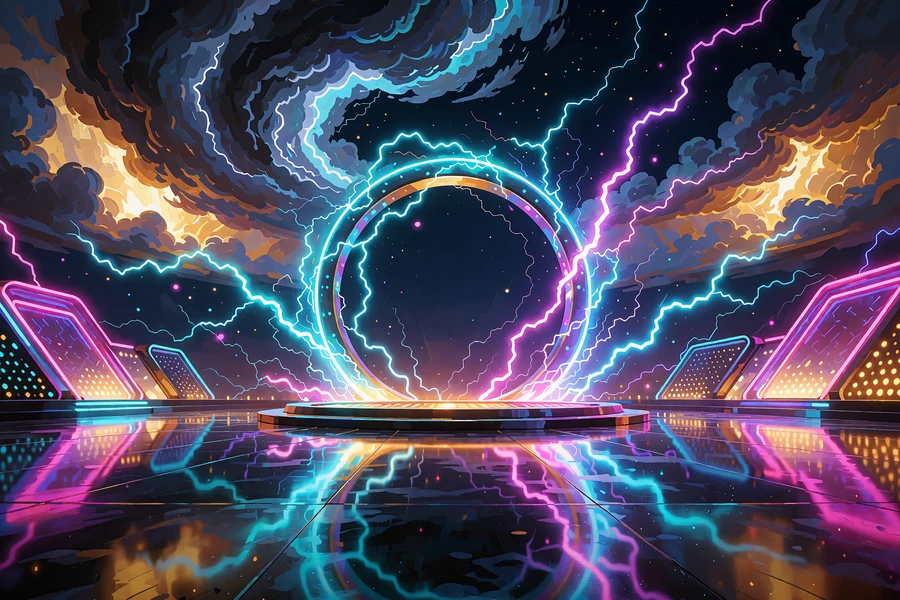 Futurystyczna arena teleturnieju ze świecącym pierścieniem i błyskawicami - Lightning Storm od Evolution w kasynie live