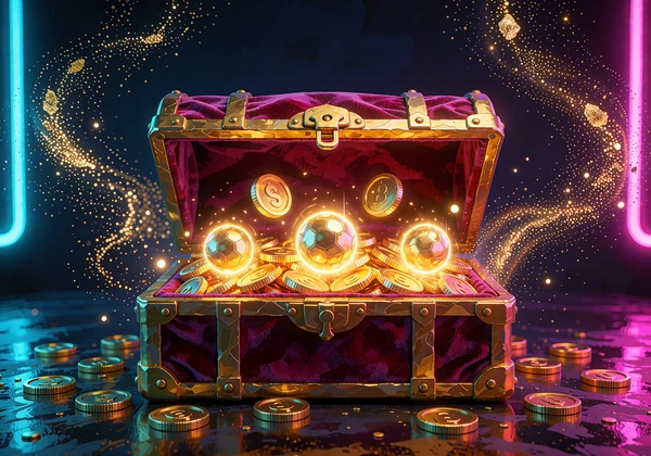 Otwarta aksamitna skrzynia skarb&oacute;w z unoszącymi się złotymi monetami - miniatura kategorii slot&oacute;w Hold & Win w V.Vegas