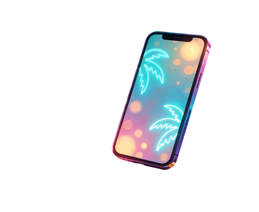 Smartfon z neonowym ekranem i wstęgą złotego piasku - aplikacja mobilna V.Vegas Casino na Androida i iOS