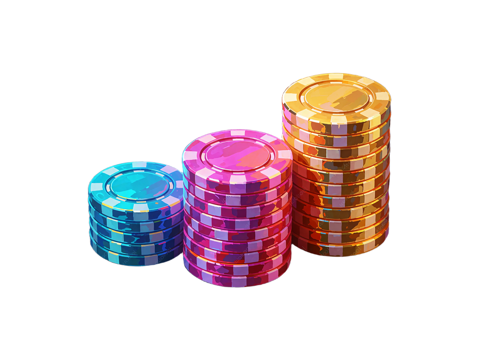 Trzy stosy żeton&oacute;w - cyjanowy, r&oacute;żowy i złoty - symbolizujące trzy etapy pakietu powitalnego V.Vegas